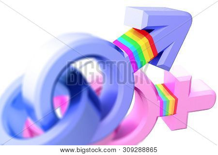 Set Of Gender Symbols With Lgbt Flag. 3d Illustration. Idea And Leadership Concep.