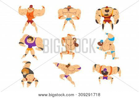 Powerful Wrestling Fighter Characters Set, Professional Wrestler Of Recreational Sports Show Vector 
