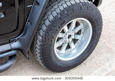 Samara, Russia - May 18, 2019: Close Up View Of Hummer Vehicle Wheel With Tire