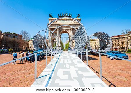 Milan, Italy - April 09, 2019: Audi E-tron Car Presentation Near The Arch Of Peace In Parco Sempione