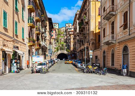 La Spezia, Italy - April 07, 2019: Road To Tunnel Near The Piazza Garibaldi Square In La Spezia City