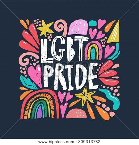 Lgbt Love Pride Text, Lettering Doodles In Bright Rainbow Colors. Hippie Vintage Doodle Style. Vecto