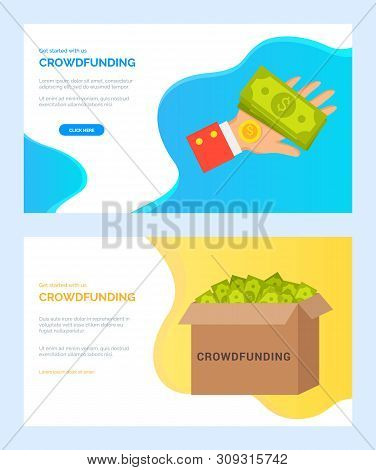 Crowdfunding Vector, Person Holding Money On Hand, Green Banknotes American Dollars Financial Profit