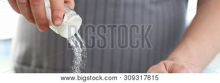 Male Hand Hold Saltcellar Salt Soup Cloceup Concept Aganist Kithen Background
