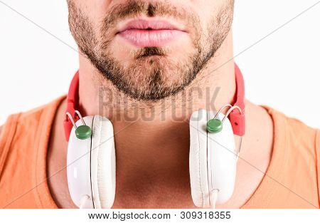 Sale Discount. Enjoy Perfect Music Sound Headphones. Man Listening Music Headphones White Background