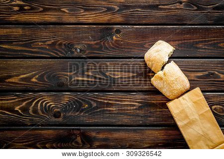 Bakery With Fresh French Baguette Loaf On Wooden Background Top View Mockup