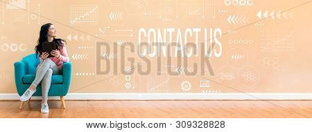 Contact Us With Young Woman Holding A Tablet Computer In A Chair