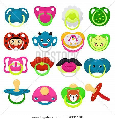 Pacifier Vector Baby Soother Child Nipple And Kids Rubber Nipple Illustration Set Of Cartoon Comfort