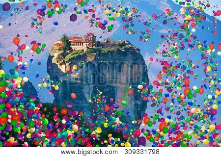 Meteora, Kalabaka In Greece With Air Balloons
