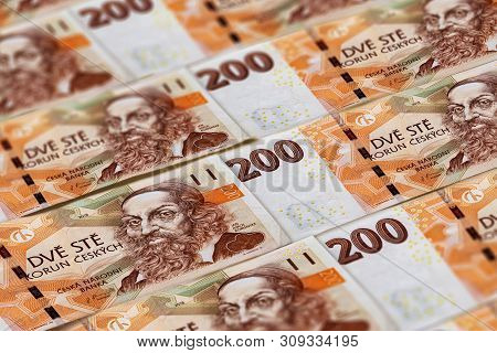Czech Koruna Banknoted Background. Money Of Czech Republic. 200 Czk