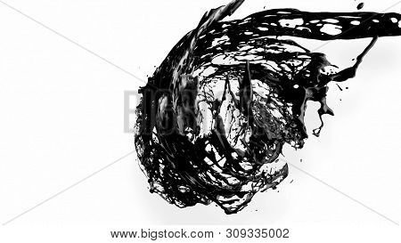 Black Splash Like Petroleum Is Hanging In The Air. 3d Rendering Of Liquid Splash In Cartoon Style. 3