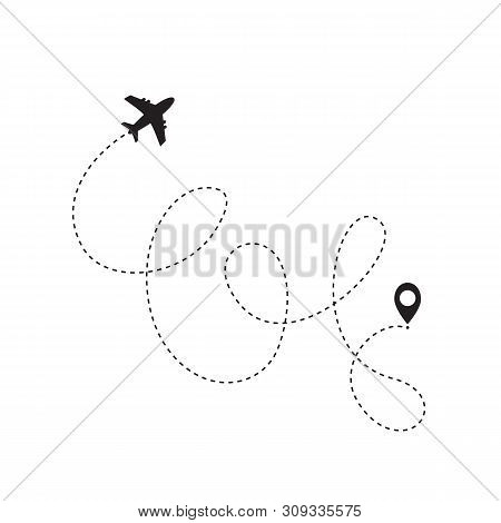 Airplane Line Path Icon Of Air Plane Flight Route With Start Point And Dash Line Trac. Vector Illust