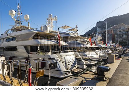 Monaco - June 24, 2018: Superyachts Seen In Yacht Club De Monaco Marina In Monaco