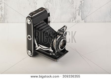 Moscow, Russia, July 02, 2019. Old Soviet Medium Format Rangefinder Camera Moskwa-5, Released1957 On