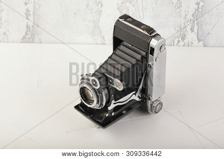 Moscow, Russia, July 02, 2019. Old Soviet Medium Format Rangefinder Camera Moskwa-5, Released1957 On