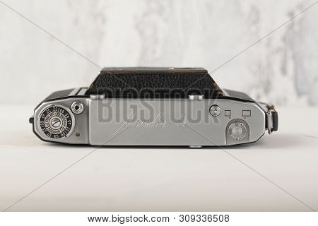 Moscow, Russia, July 02, 2019. Old Soviet Medium Format Rangefinder Camera Moskwa-5, Released1957 On