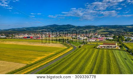 Slovenska Bistrica, Slovenia - June 9 2019: Aerial Panoramic View Of Small Town In Rural Europen Lan