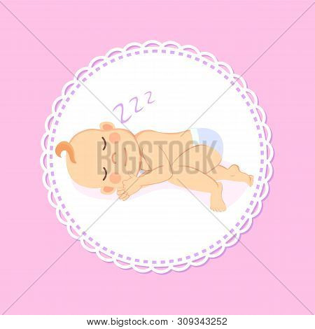 Baby Shower Greeting Card, Newborn Lying On Side And Sleeping. Vector Dormant Child In Diaper Cartoo