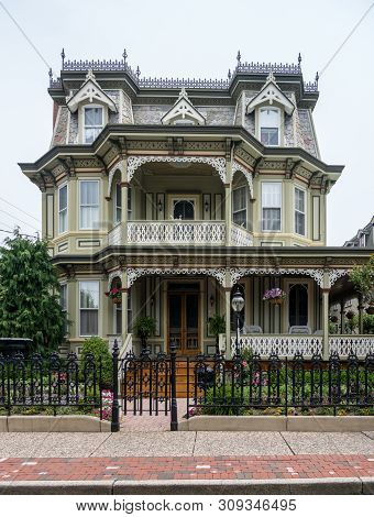 Cape May, Nj - 12 June 2019: Victorian Painted Wooden Homes In The Historic Downtown Area Of The Cit