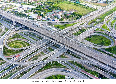 Bangkok Expressway Top View, Top View Over The Highway,expressway And Motorway At Night, Aerial View