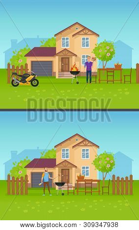 Outdoor Summer Picnic Near Country House, Cottage. Barbecue Grill