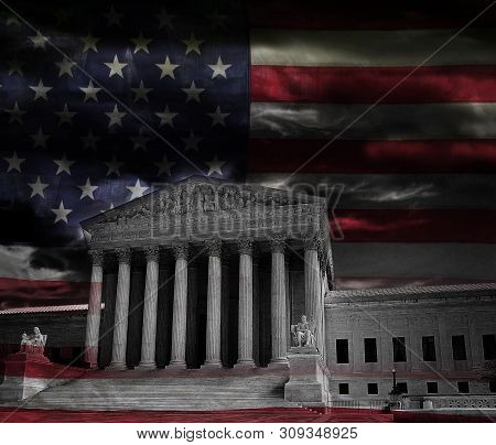 The Us Supreme Court In Washington Dc With American Flag