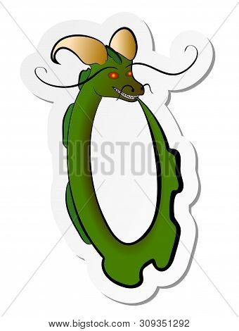 Vector Illustration, Sticker Of The Mythical Serpent Dragon Ouroboros Biting Its Tail In Flat Cartoo