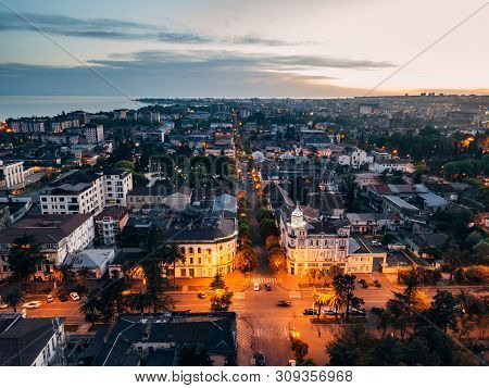 Evening Resort Town Sukhum, Abkhazia Aerial View From Drone.