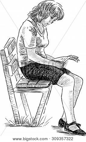 Sketch Of A Young Townswoman Rearing A Book On A Park Bench