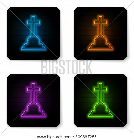 Glowing Neon Tombstone With Cross Icon Isolated On White Background. Grave Icon. Black Square Button