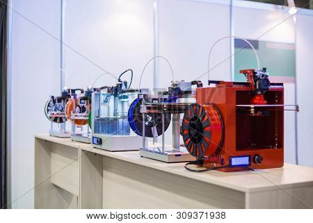 Automatic 3d Printers In Row During Work At Modern Technology Exhibition. 3d Printing, Additive Tech