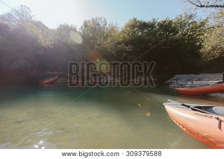 Rubber Boat In Canyon. Martvili Canyon In Georgia.