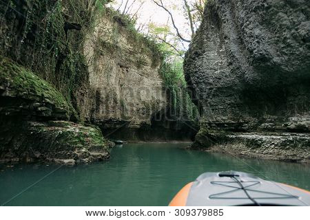 Rubber Boat In Canyon. Martvili Canyon In Georgia.