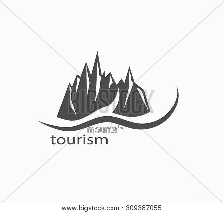 A Stylish Logo For A Travel Blog. Flat Vector Mountain Icon Close Up Isolated. Mountain Tourism