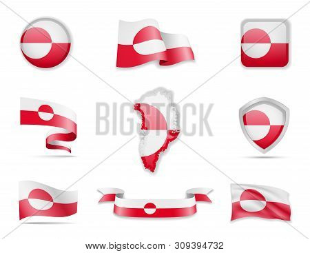 Greenland Flags Collection. Vector Illustration Set Flags And Outline Of The Country.