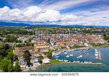 Aerial View Of Morges Castle In The Border Of The Leman Lake In  Switzerland