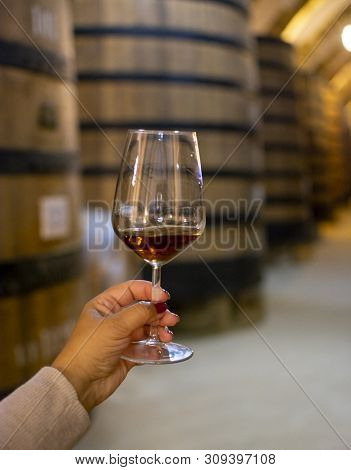 Tasting Of Fortified Dry Or Sweet Marsala Wine In Vintage Wine Cellar With Old Oak Barrels In Marsal