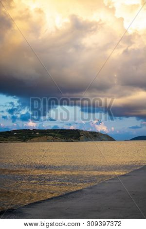 Landscape With Small Greek Islands And Bays On Peloponnese, Greece Near Methoni Town, Summer Vacatio