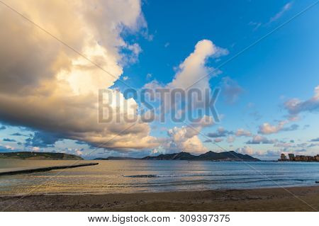 Landscape With Small Greek Islands And Bays On Peloponnese, Greece Near Methoni Town, Summer Vacatio