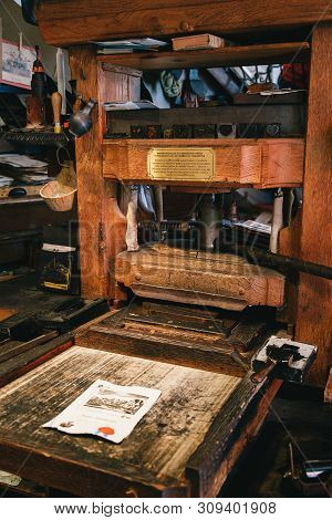 Bled, Slovenia - September, 8 2018: Close Up Of Ancient Wooden Reconstructed Gutenbergs Printing Mac
