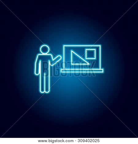 Geometry Teacher Icon In Blue Neon Style. Education Symbol Sign Pictogram.