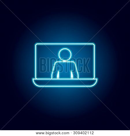 Online Training Icon In Blue Neon Style. Education Symbol Sign Pictogram.