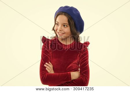 Beret Style Inspiration. How To Wear Beret Like Fashion Girl. Kid Little Cute Girl Smiling Face Posi