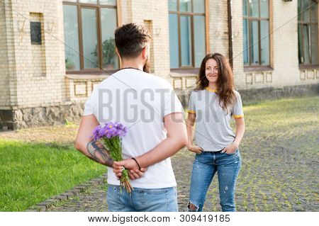 Romantic Date Idea. Guy Prepared Surprise Bouquet For Girlfriend. True Feelings. Bearded Hipster Fal