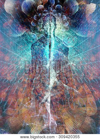 Future Man. Spirit emerges from digital space. Soul or aura and binary code. 3D rendering