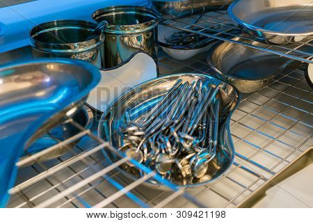 Sterile Dental Instruments In A Bactericidal Chamber.