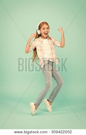 Music Drives Me Crazy. Girl Child Listen Music With Modern Headphones. Kid Little Girl Listen Song H