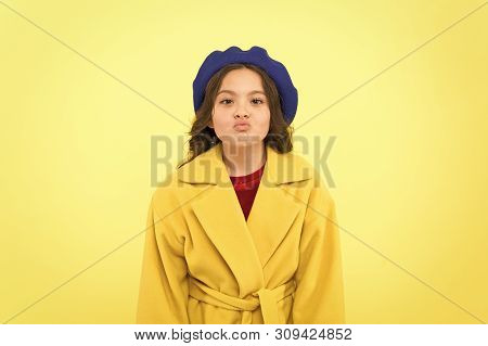 Duck Face Concept. Fashionable Kid Funny Grimace Face. Little Fashionista Posing. Kid Funny Face Sta