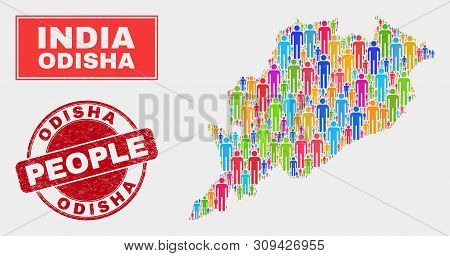 Demographic Odisha State Map Abstraction. People Bright Mosaic Odisha State Map Of Guys, And Red Rou