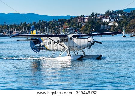 Victoria, Canada - October 02 2017: Single Otter Harbour Air Seaplane (c-fhas 312), A Powered Fixed-